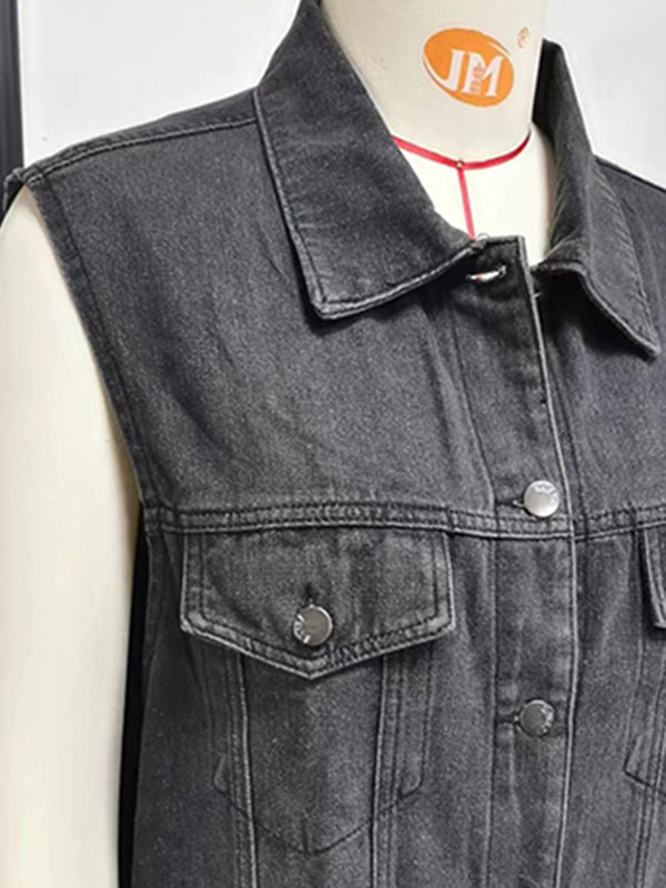 Loose Sleeveless Buttoned Drawstring Pockets Split-Joint Polo Vest Outerwear