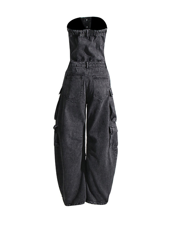 High Waisted Wide Leg Buttoned Pockets Split-Joint Tube Jumpsuits