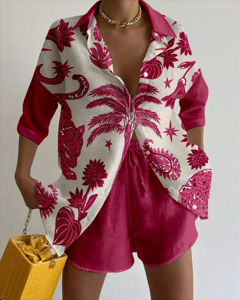 Rose red leopard print casual two-piece set