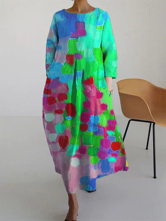 Print Pockets Bracelet Sleeve Maxi Dress