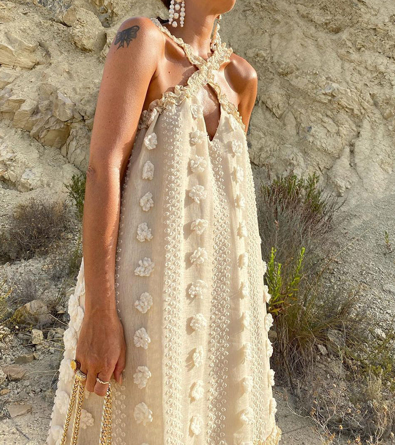 Fashion Hanging Neck Decorative Flowers Mopping Cake Dress