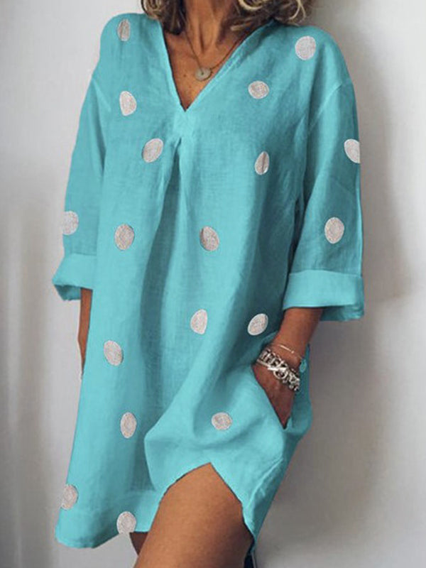 Loose Three-quarter Sleeves Pockets Polka-Dot V-neck Mini Dresses