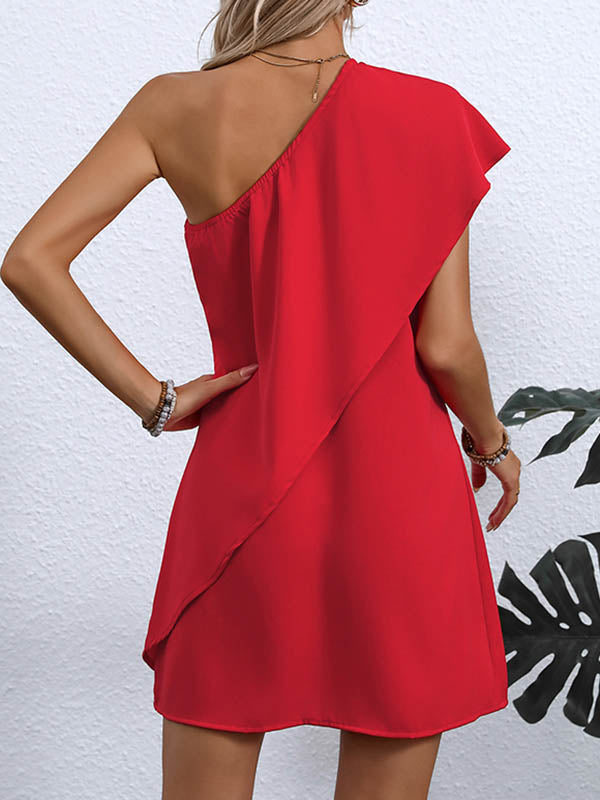 A-Line False Two Asymmetric Solid Color One-Shoulder Mini Dresses