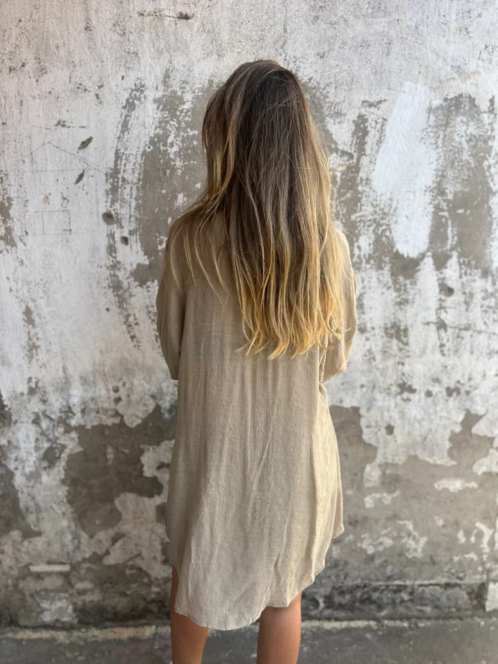 Casual Solid Color Shorts Long Sleeve Wrinkled Cloth Shirt Two-Piece Set