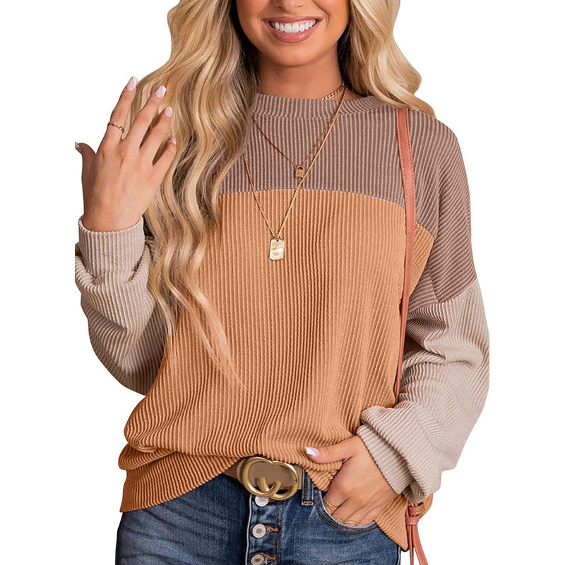 Women's Color Block Long Sleeve Crewneck Ribbed Tops (Buy 2 Free Shipping)