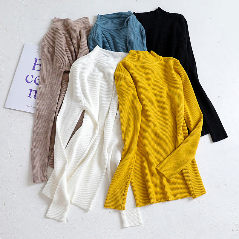 Pure Color half collar sweater autumn and winter women's slim knit bottoming shirt