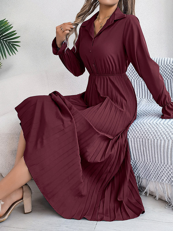 A-Line Flared Sleeves Buttoned Elasticity Pleated Solid Color Lapel Maxi Dresses