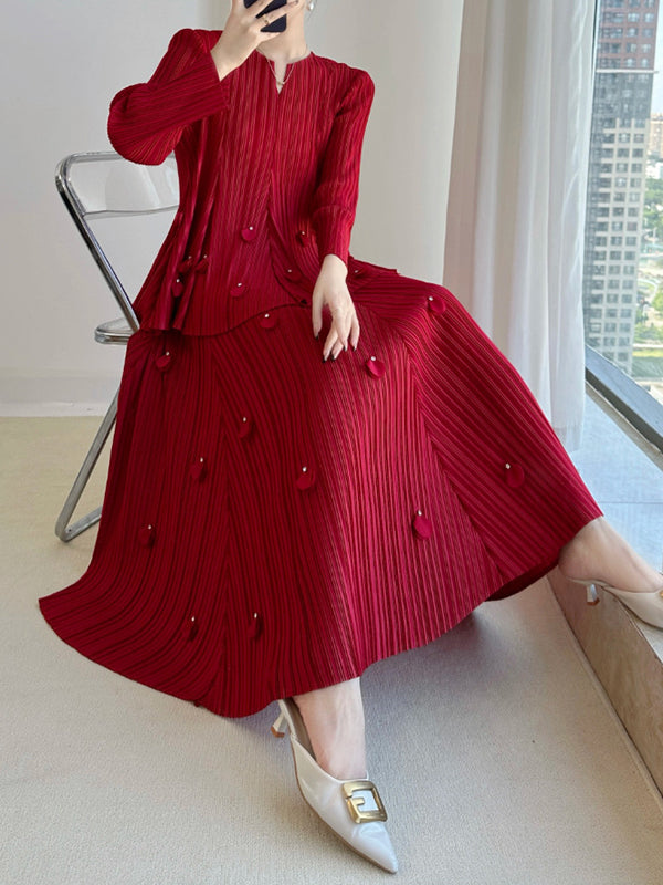 Long Sleeves Loose Pleated Solid Color Three-Dimensional Flower V-Neck T-Shirt Top + Skirt Bottom Two Pieces Set