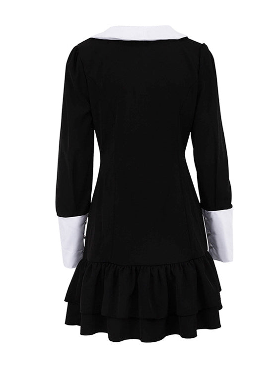 Lapel Color Block Black Mini Dress
