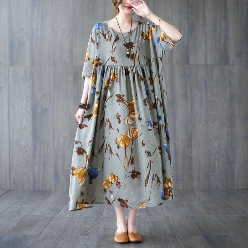 Literary Floral Print Short Sleeve Midi Dress