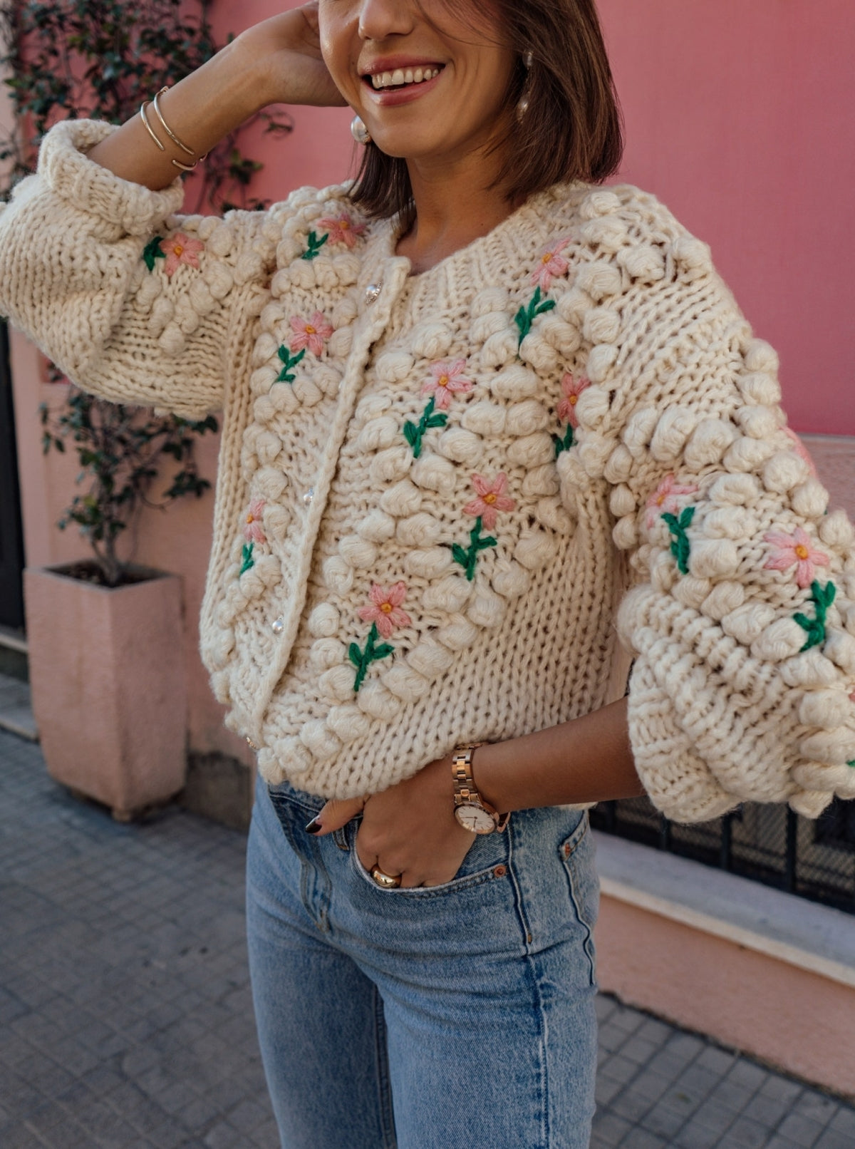 Pom Knit Cardigan Sweater