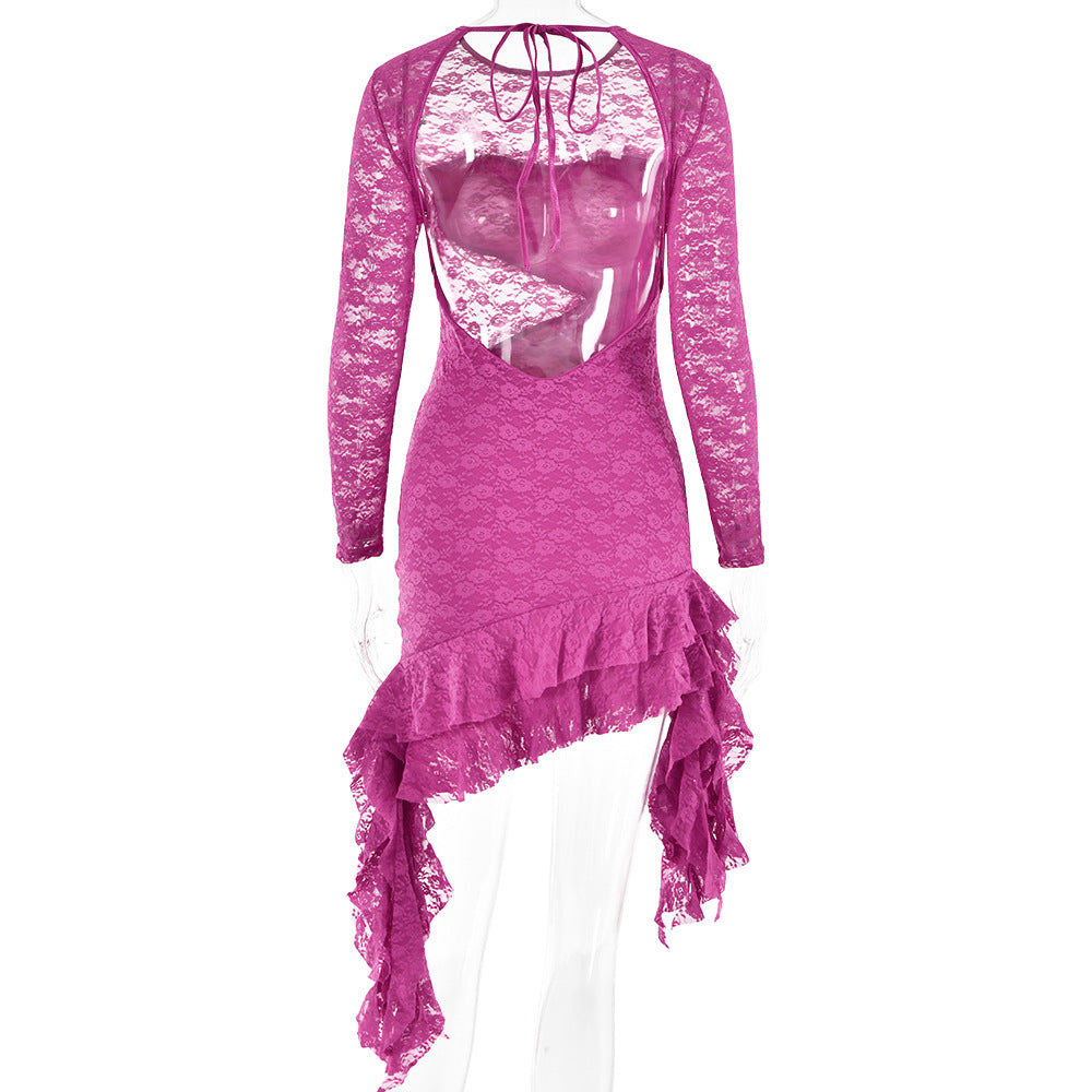 Autumn lace stitching round-neck long-sleeved dress women's sexy backless hip dresses