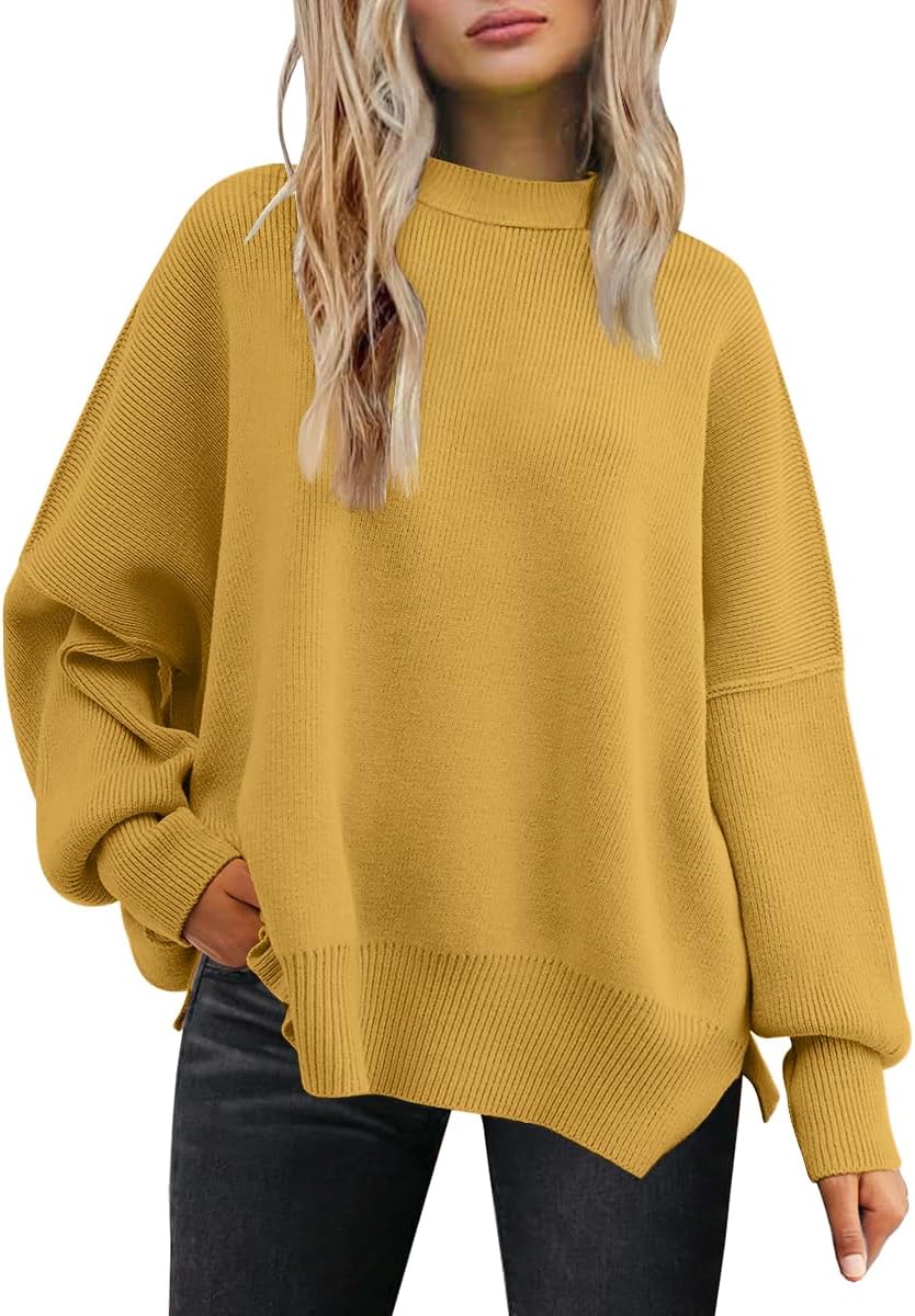 Women's Oversized Batwing Sweaters 2024 Fall Outfits Crewneck Ribbed Knit Side Slit Trendy Pullover Tops