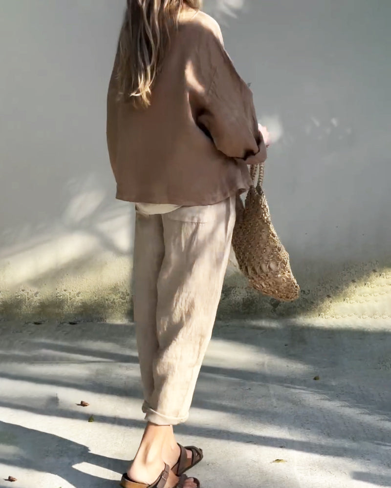 Casual Solid Lap Collar Shirt & Pants Two-Piece Set (Without Belt)