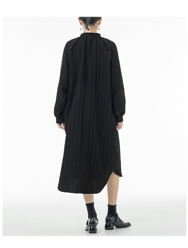 Asymmetric Striped Stand Collar Long Sleeve Midi Dress