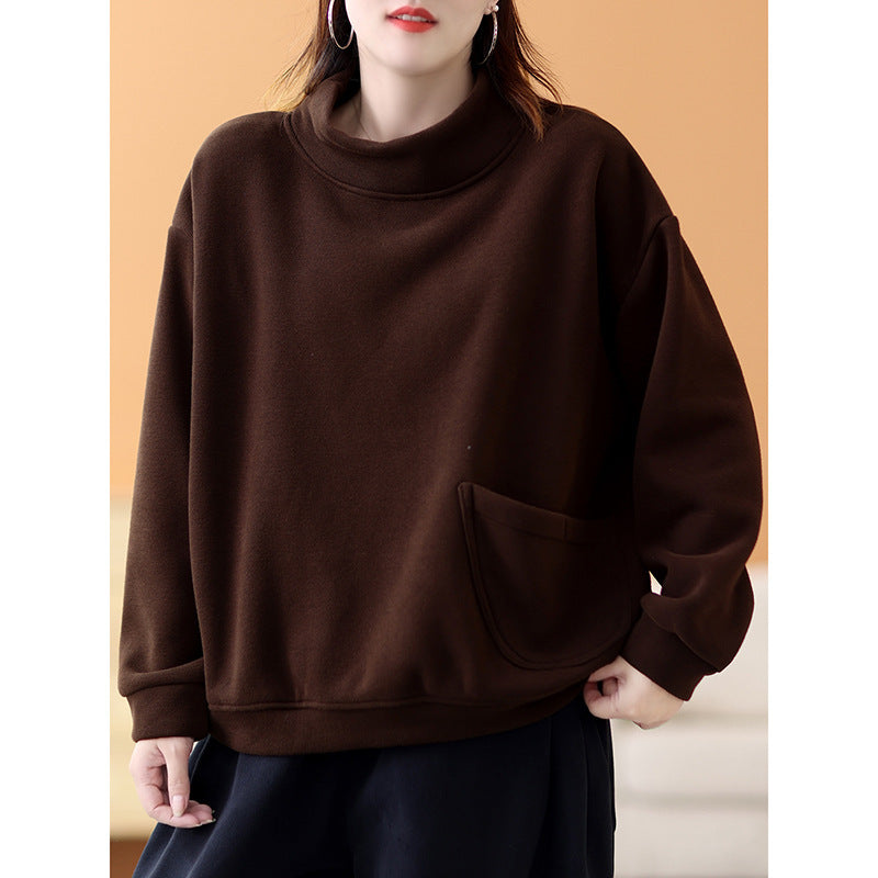 Casual Solid Color High Collar Velvet Sweatshirt