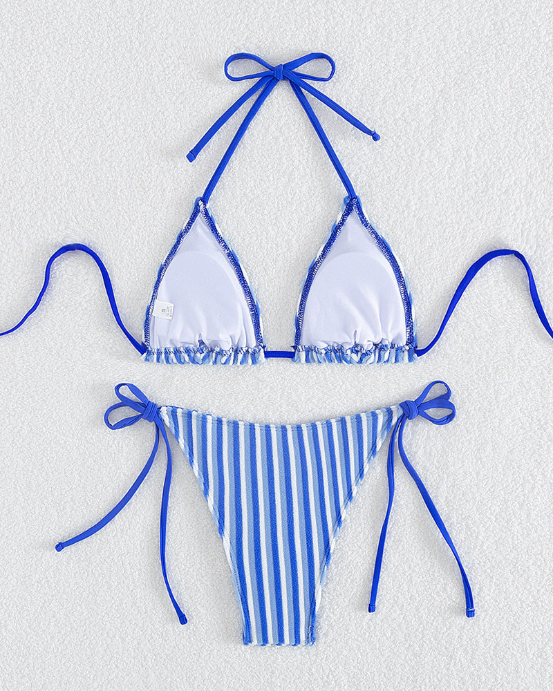Hanging Neck Lace-up Striped Bikini