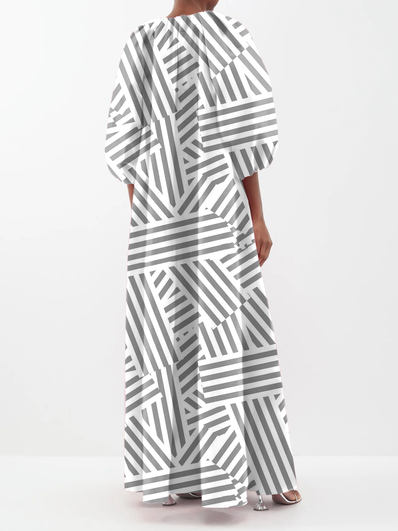 Irregular Stripe Printing V-Neck Puffy Sleeves Loose Maxi Dress