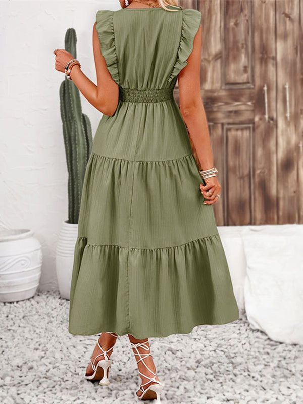 A-Line Pleated Ruffled Solid Color Split-Joint V-Neck Midi Dresses