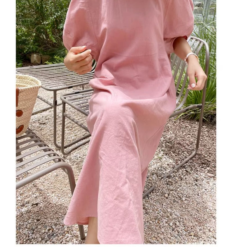 Vintage Lantern Sleeve Round Neck Cotton Linen Maxi Dress