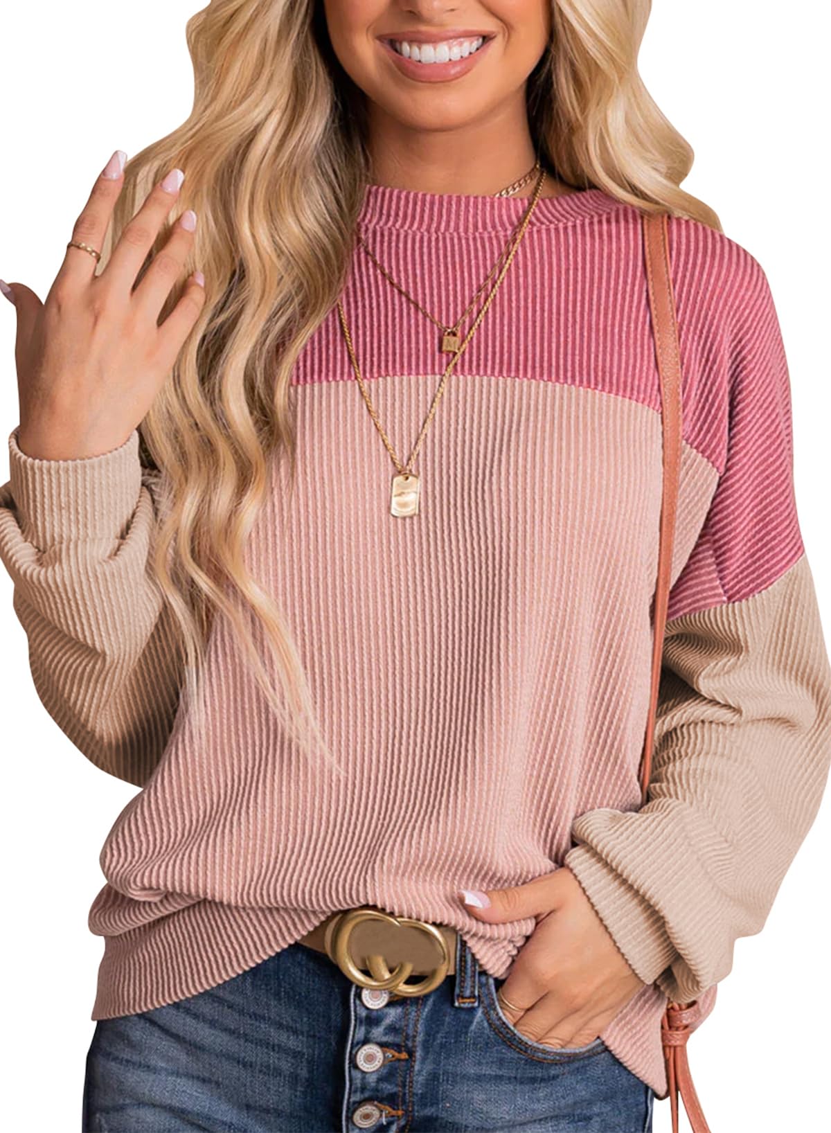 Womens Fashion Long Sleeve Crewneck Knitted Casual Loose Pullover Shirts Tops