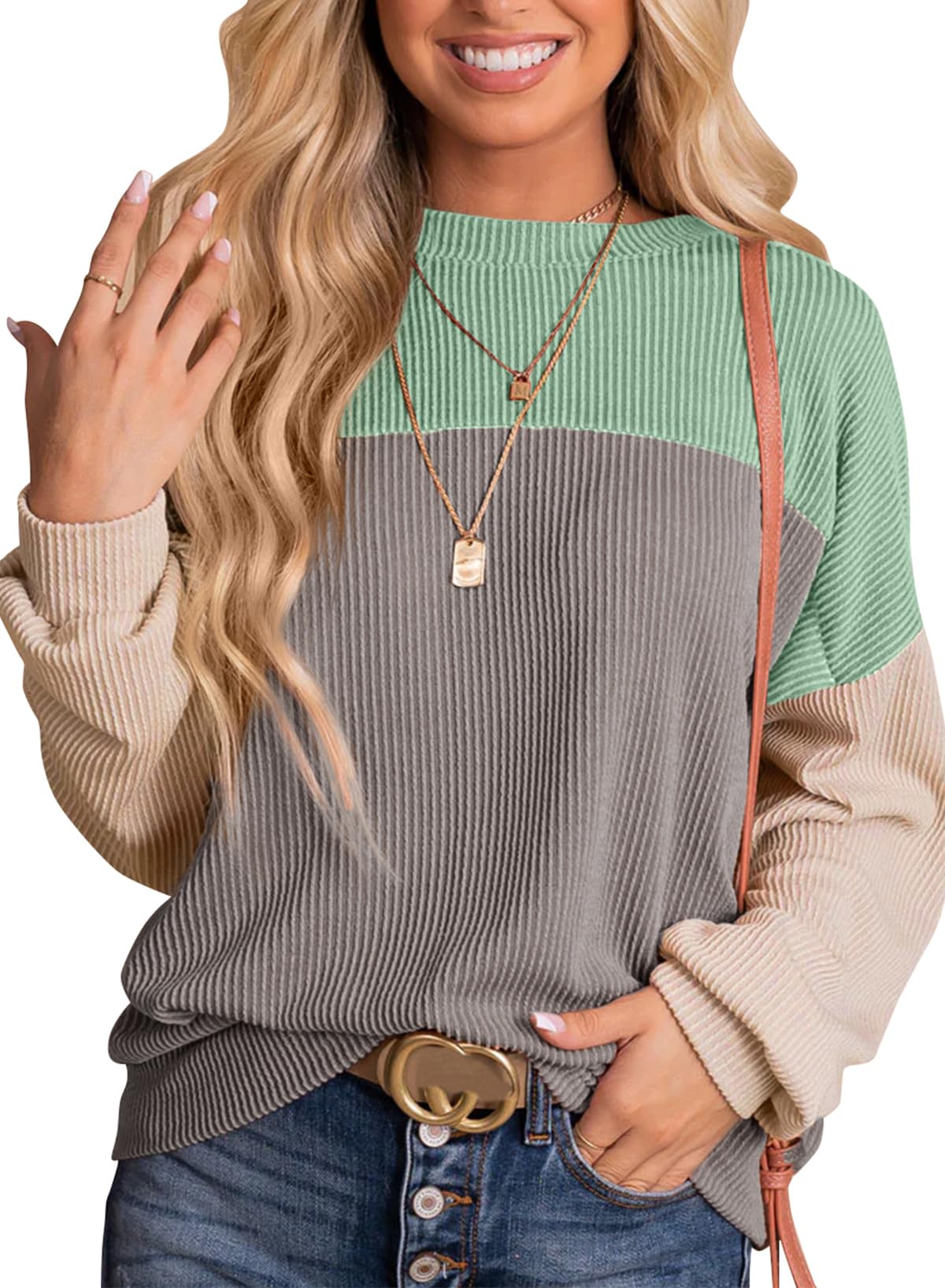 Womens Fashion Long Sleeve Crewneck Knitted Casual Loose Pullover Shirts Tops