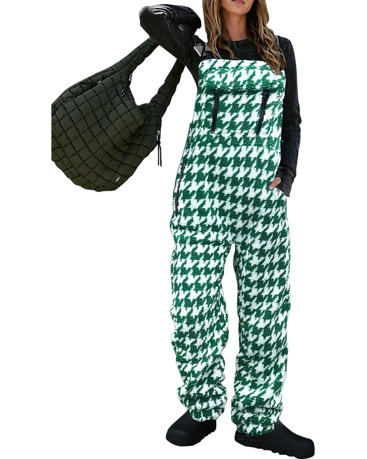 ⛷️Fleece Warm Houndstooth Adjustable Strap Work Jumpsuit (Buy 2 Free Shipping)