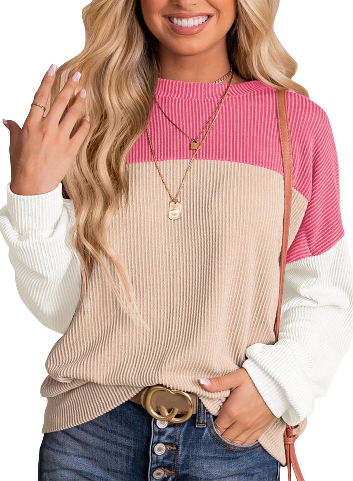 Womens Fashion Long Sleeve Crewneck Knitted Casual Loose Pullover Shirts Tops