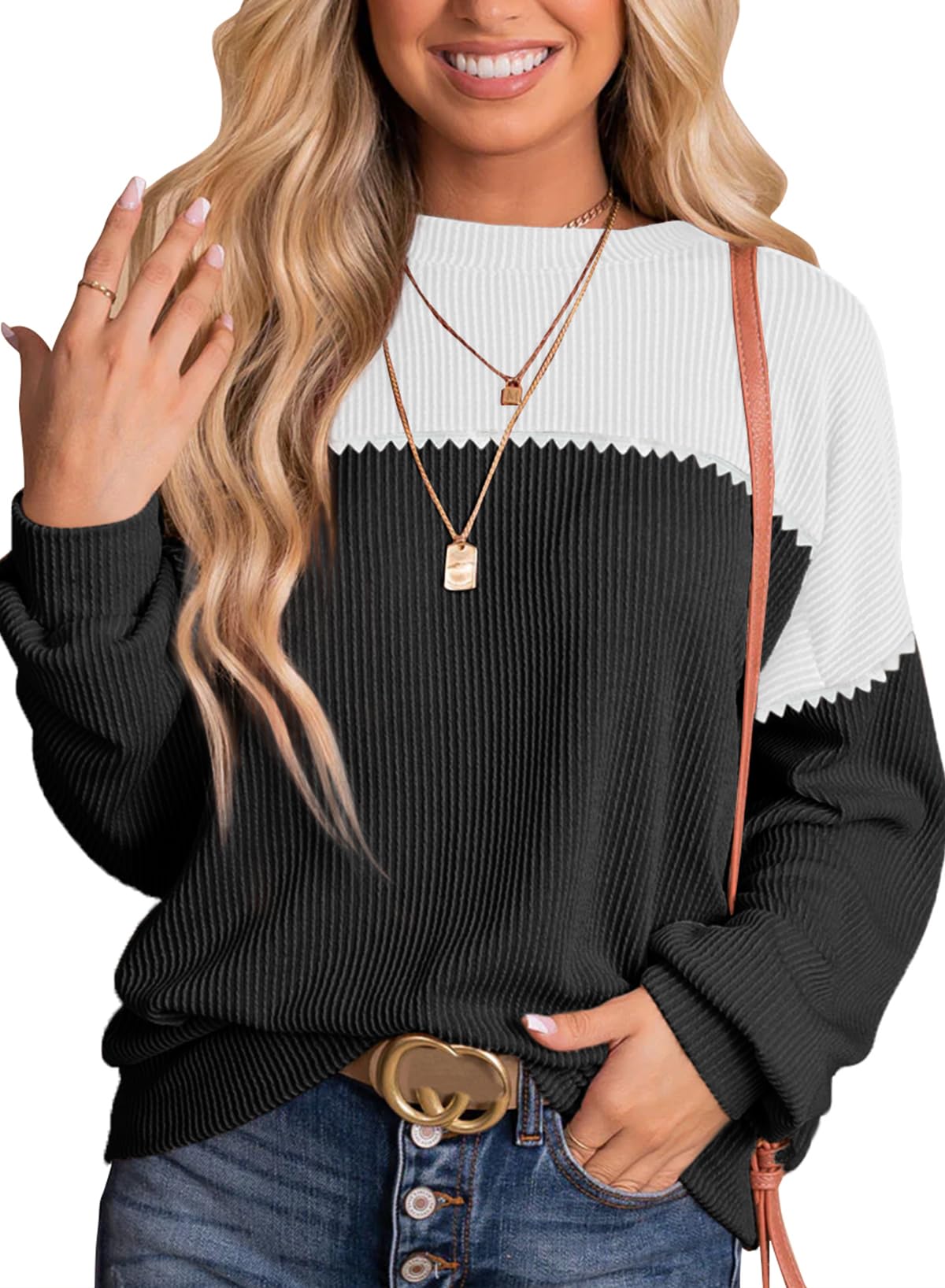 Womens Fashion Long Sleeve Crewneck Knitted Casual Loose Pullover Shirts Tops