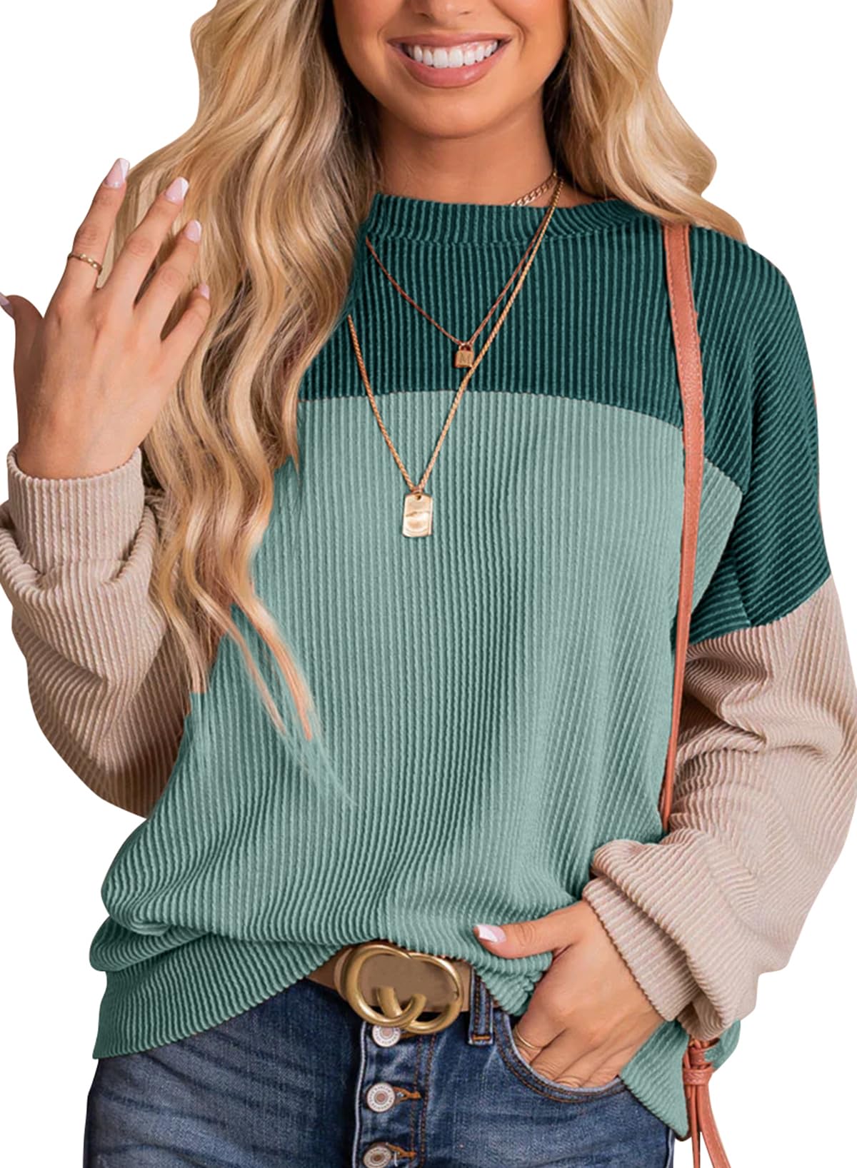 Womens Fashion Long Sleeve Crewneck Knitted Casual Loose Pullover Shirts Tops