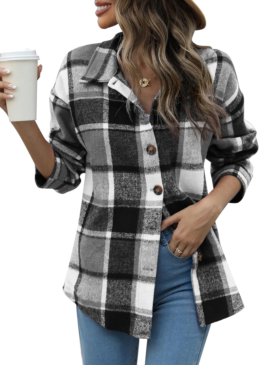 Women's Flannel Plaid Shacket Long Sleeve Button Down Shirts Jacket Coats with Side Pockets