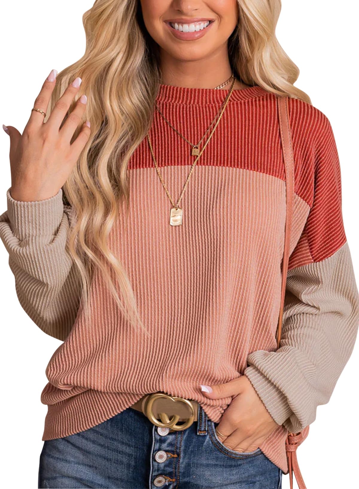 Womens Fashion Long Sleeve Crewneck Knitted Casual Loose Pullover Shirts Tops