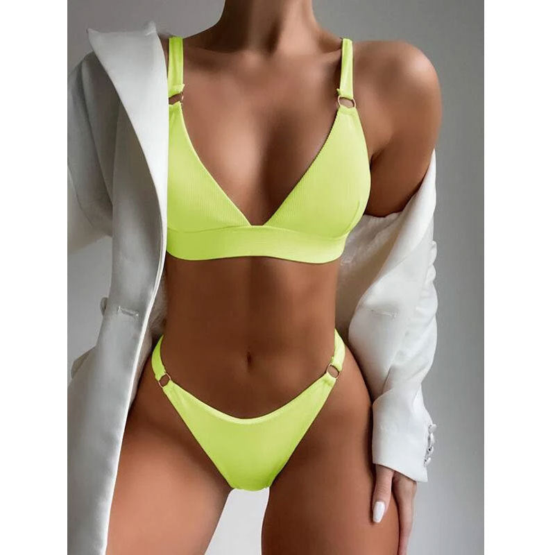 Solid Color Split High Waist Bikini Swimsuit