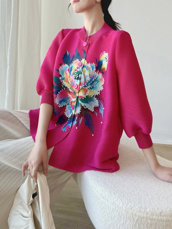 Loose Puff Sleeves Buttoned Flower Print Pleated Round-Neck T-Shirts Tops