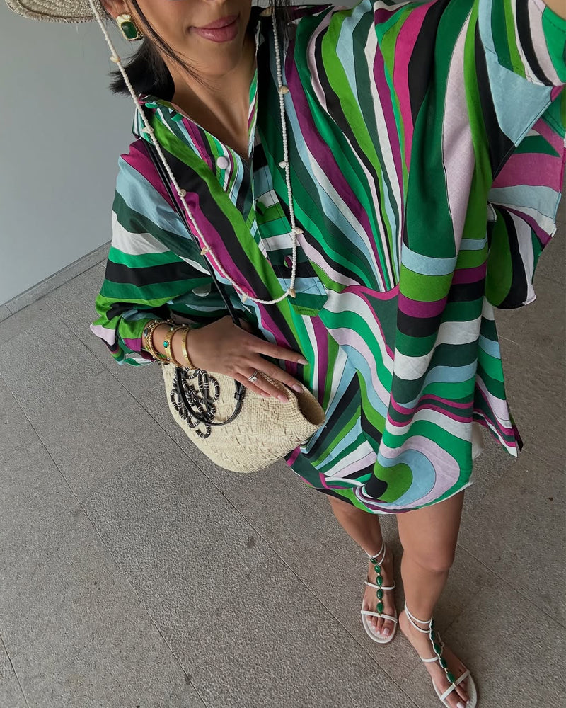 Fashion Holiday Lapel Printed Shirt Dress