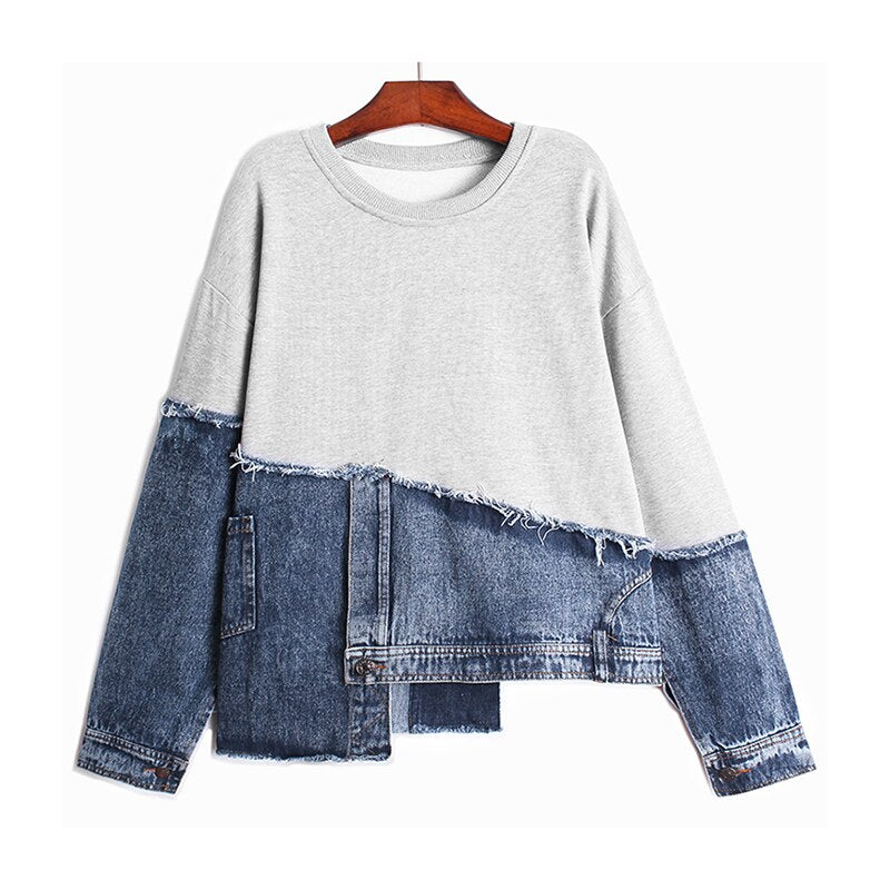 Loose Fit Denim Irregular Sweatshirt New Round Neck Long Sleeve Women Big Size Fashion Tide Spring Autumn