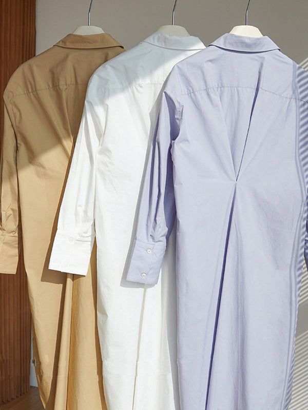 Long Sleeves Loose Asymmetric Solid Color Lapel Shirt Dress