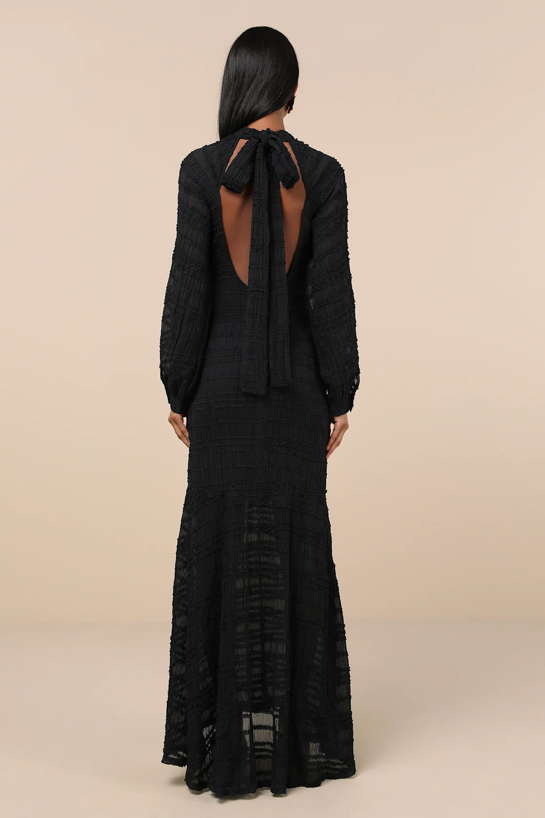 Women Sexy Black Backless Gown Trumpet Hem Long Sleeve Maxi Dress