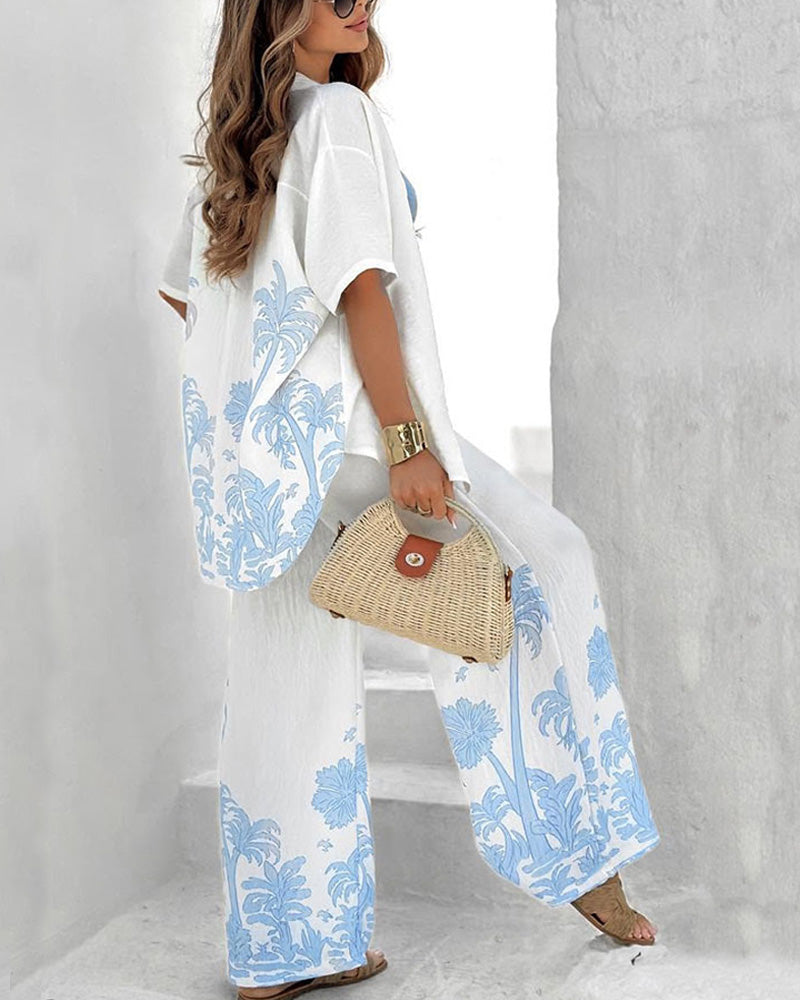 Coconut Tree Print Shirt Trousers Casual Suit