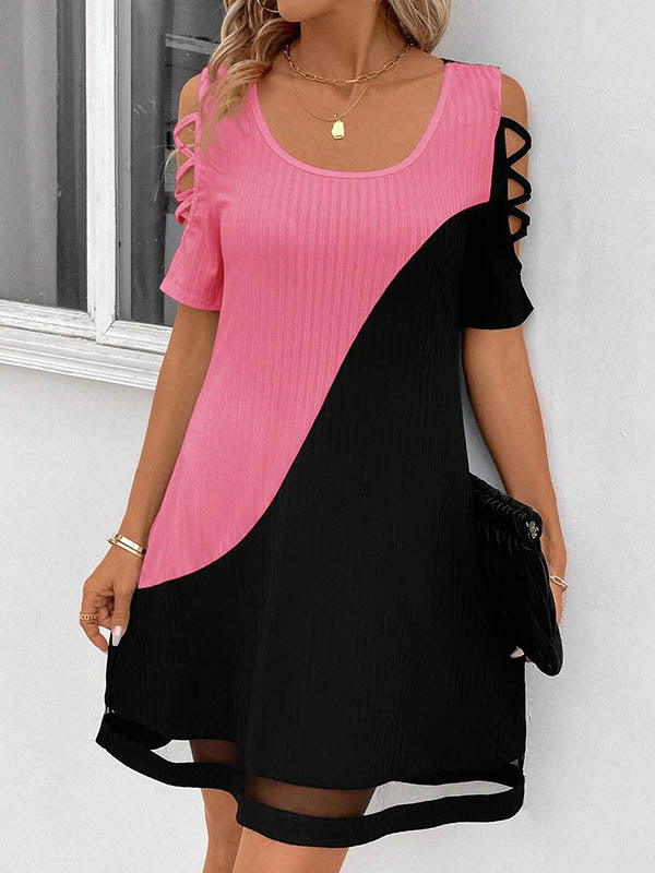 A-Line Loose Contrast Color Hollow Mesh Split-Joint Cold Shoulder Mini Dresses