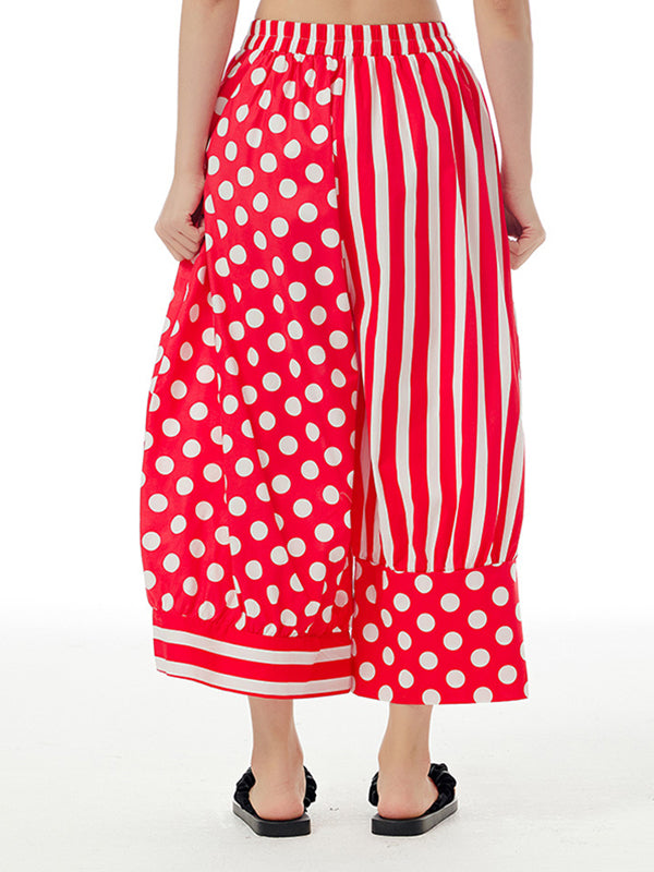 Loose Wide Leg Contrast Color Elasticity Polka-Dot Split-Joint Striped Cropped Trousers Pants