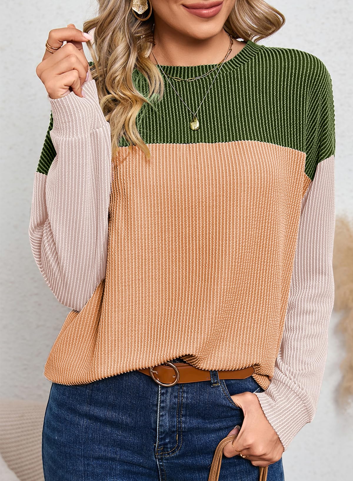 Womens Fashion Long Sleeve Crewneck Knitted Casual Loose Pullover Shirts Tops