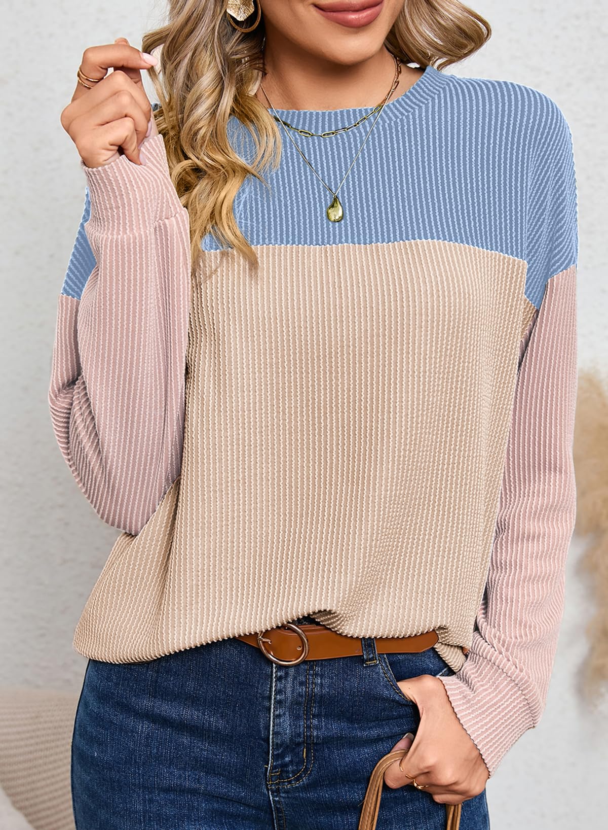 Womens Fashion Long Sleeve Crewneck Knitted Casual Loose Pullover Shirts Tops