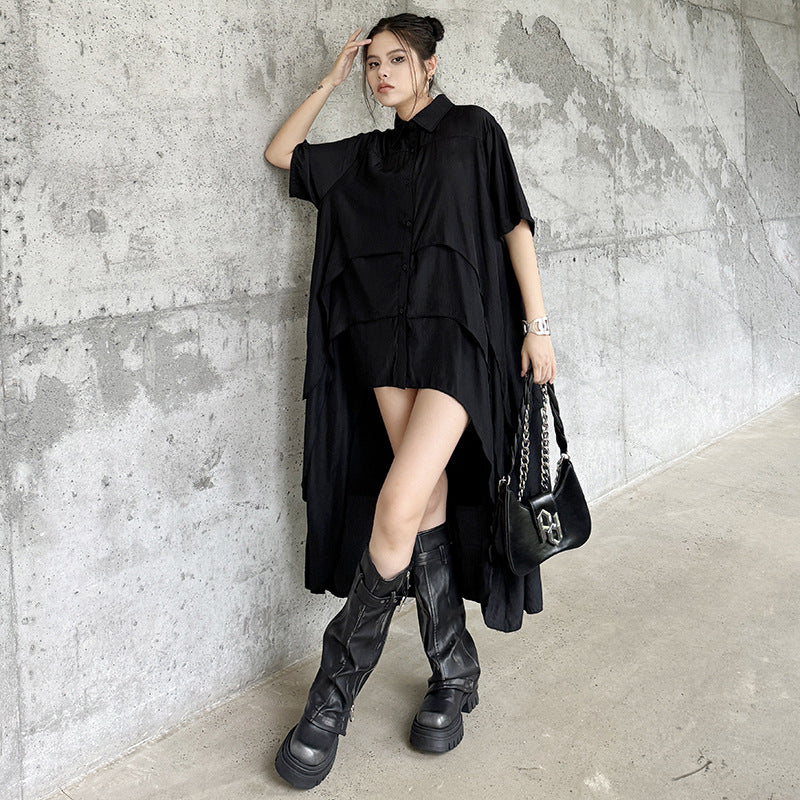Cool Black Irregular Hem Short Sleeve Shirt Dress