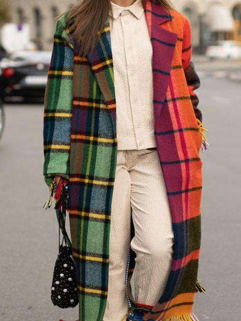 Women's Coats Lapel Plaid Print Fringed Woolen Coat