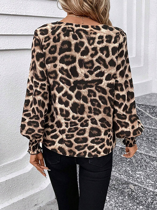 Long Sleeves Loose Elasticity Leopard V-Neck Blouses&Shirts Tops