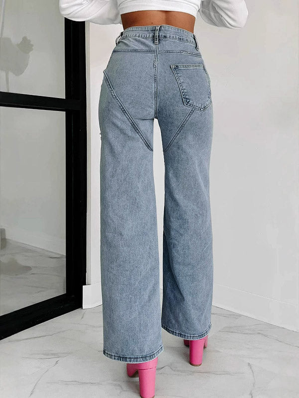 High Waisted Straight Leg Ripped Split-Joint Jean Pants Bottoms