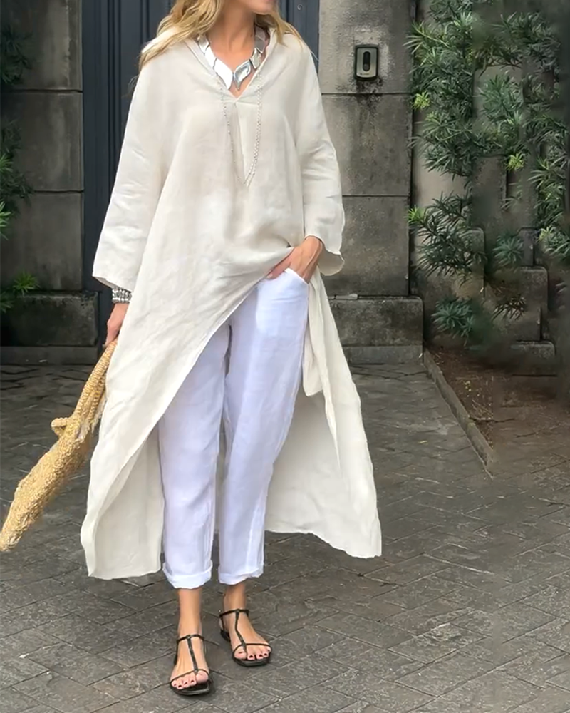 Casual Linen High-Low Desgin Long Shirt Top