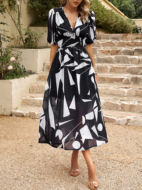 A-line High Waisted Elasticity Flower Print Split-Joint V-neck Midi Dresses