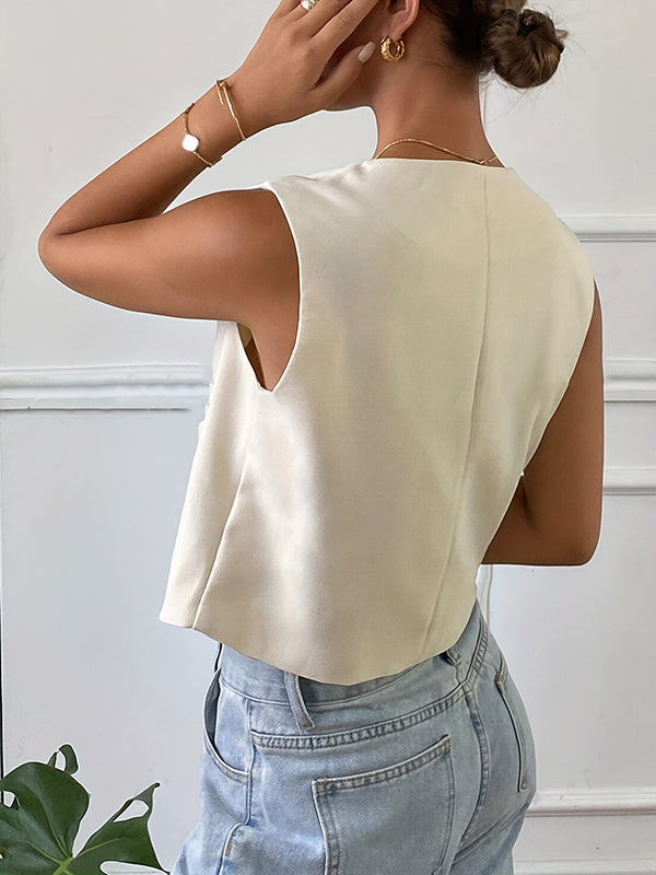 Loose Sleeveless Buttoned Pockets Split-Joint Round-Neck Vest Top